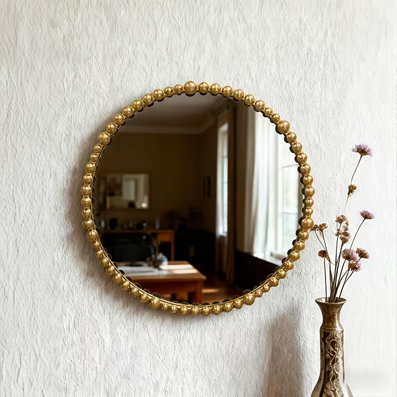 Handmade Golden Wrought Iron Beaded Round Wall Mirror