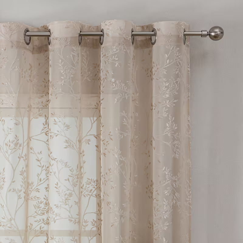 1pc Dark Green Branch Flower Jacquard Sheer Curtain