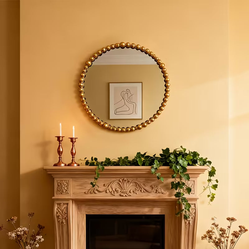 Handmade Golden Wrought Iron Beaded Round Wall Mirror