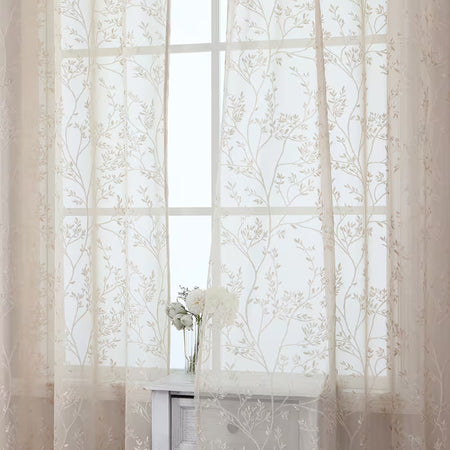 1pc Dark Green Branch Flower Jacquard Sheer Curtain