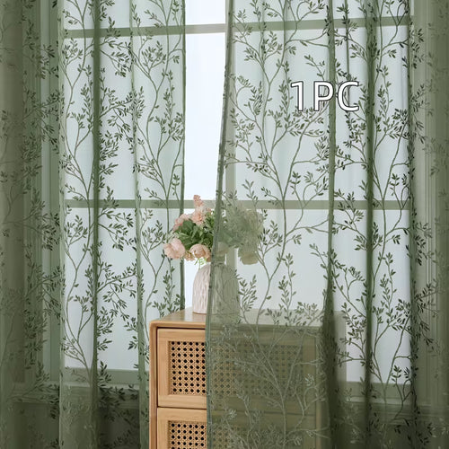 1pc Dark Green Branch Flower Jacquard Sheer Curtain