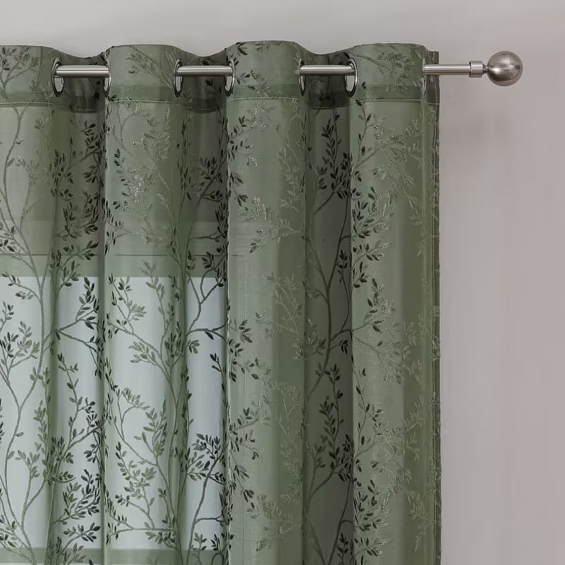 1pc Dark Green Branch Flower Jacquard Sheer Curtain